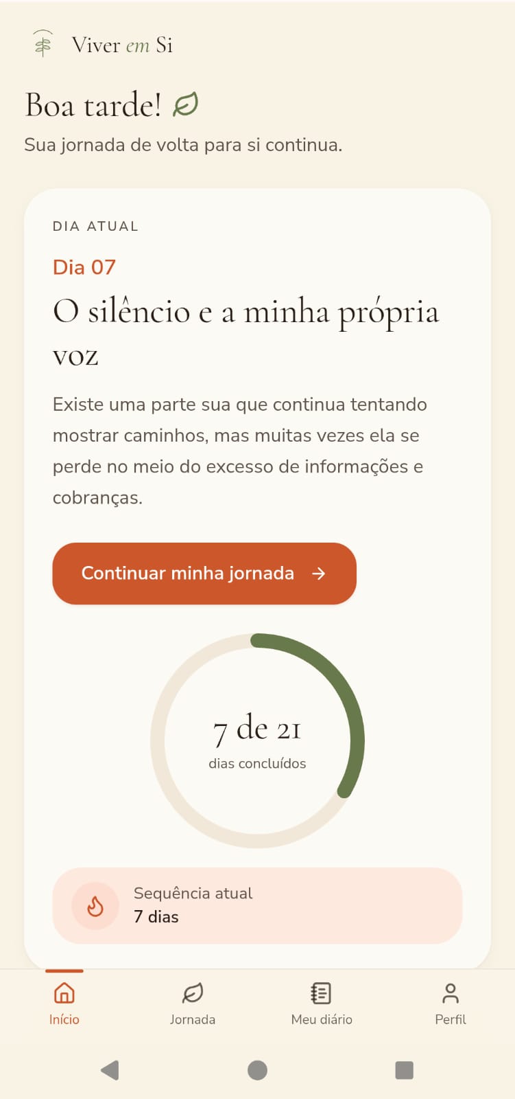 Tela inicial da plataforma Viver em Si mostrando o dia atual e o progresso da jornada