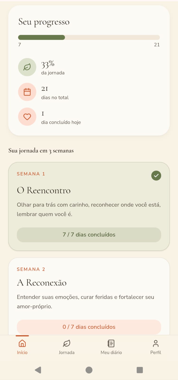 Tela de progresso da plataforma com as semanas da jornada de 21 dias