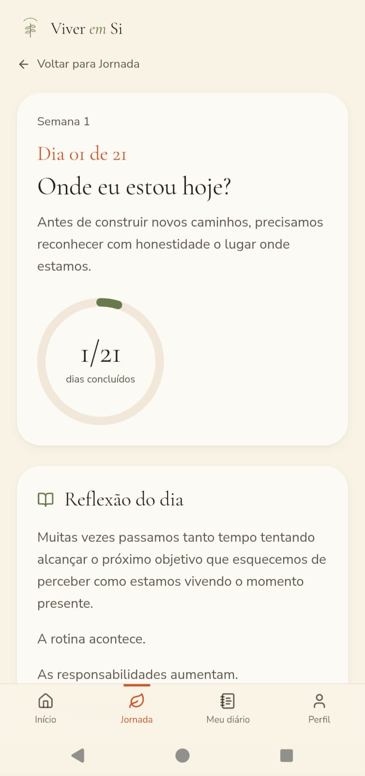 Tela do Dia 01 com a reflexão do dia